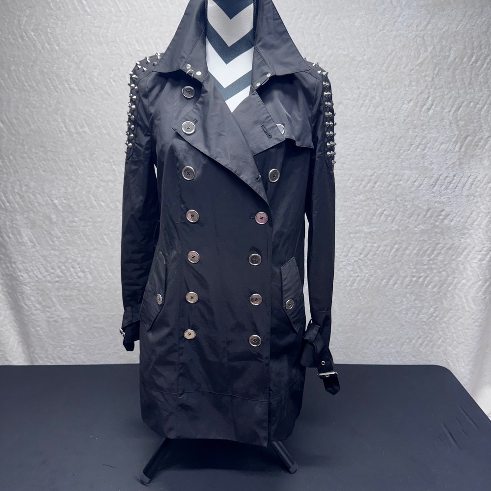 Sam Edelman Womens Black Studded Shoulder Double Breasted Trench Coat Size M